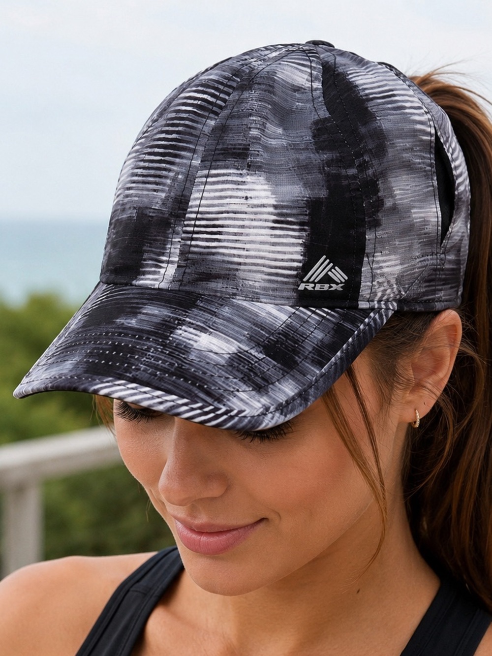 RBX Black Gray Abstract Print Athletic Running Cap Hat Adjustable Size OS - Picture 1 of 7